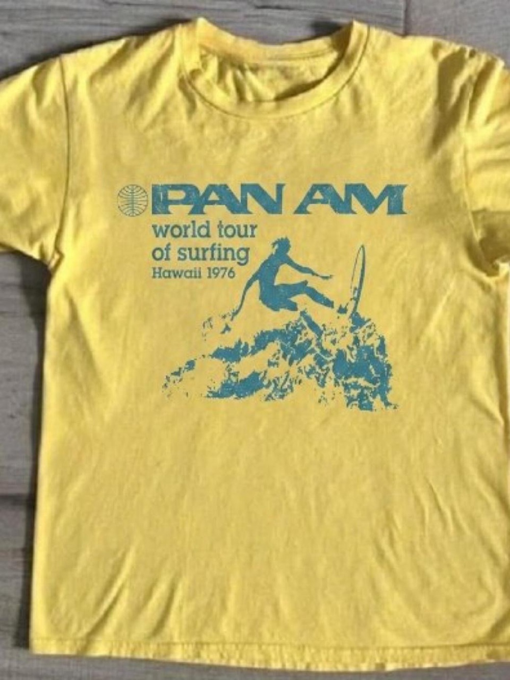 Gildan Yellow Tee with Blue Pan Am Surf Graphic